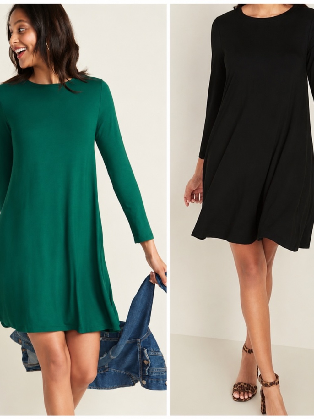 2 Old Navy Mini Swing Dress Set Womens M Green Black Long Sleeve Jersey Knit NWT